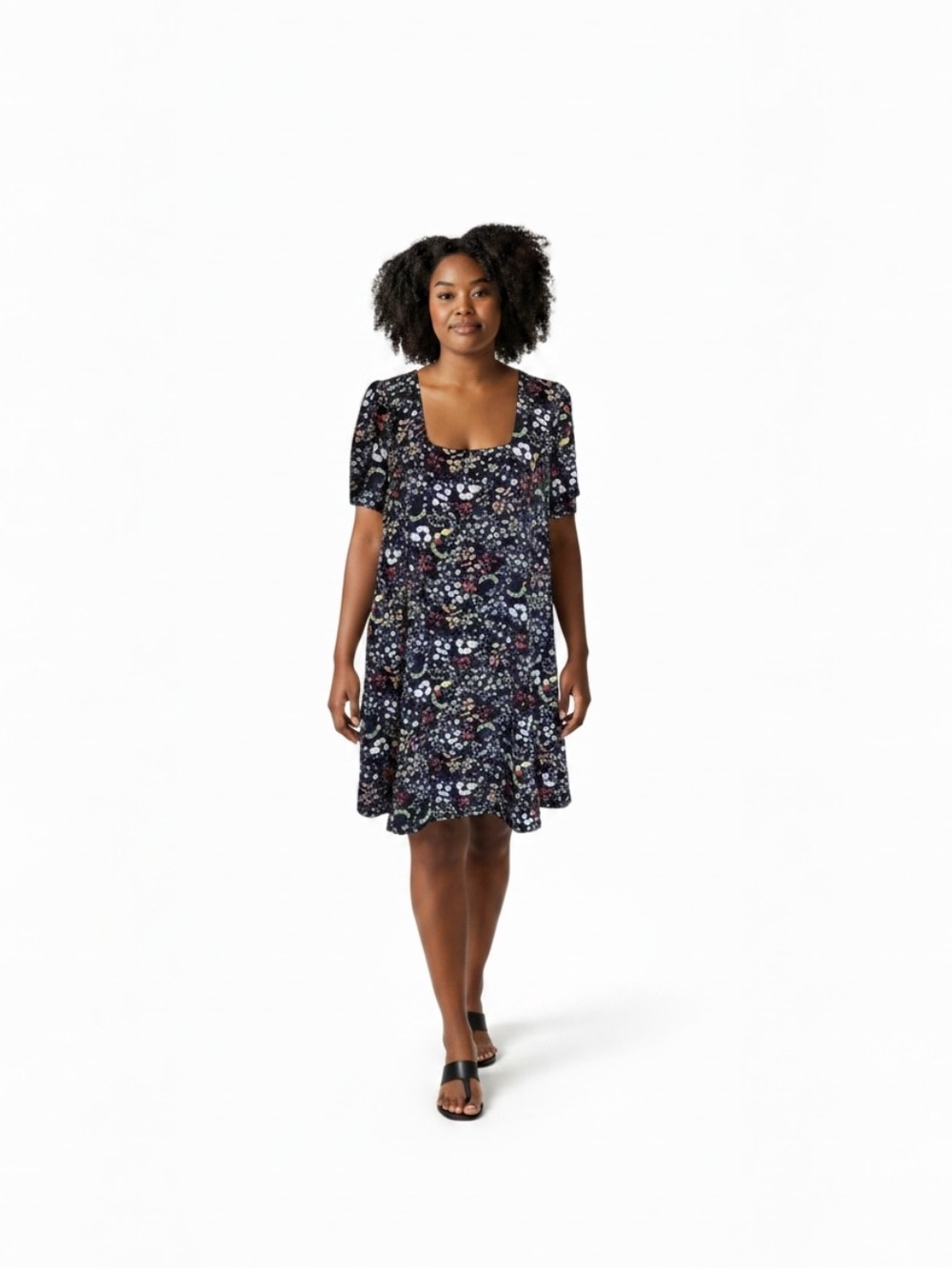 Molly Bracken classic navy floral print short sleeve flowing Aline dress large